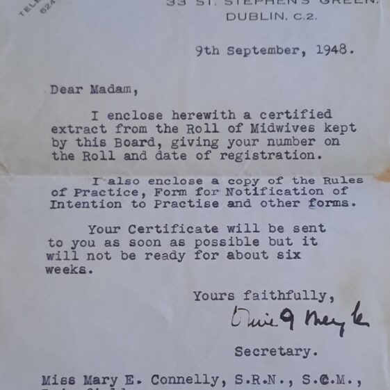 Letter from central midwives board Letter from Central Midwives Board