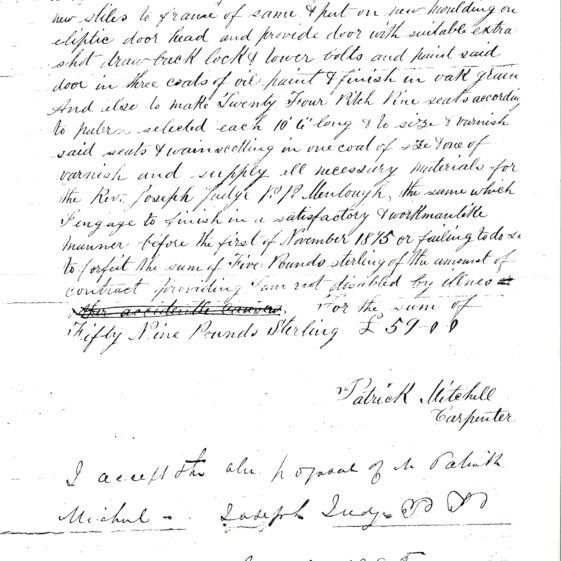 Patrick Mitchell contract to build pews at Menlough Church 1895 Contract for Menlough Church 1895