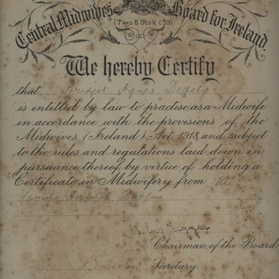 Bridget Agnes Deffely Midwifery certificate 1920 Midwifery Certificate 1920