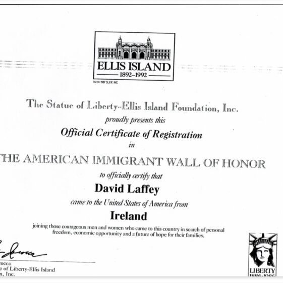 David Laffey Wall of Honour certificate | Mike Laffey