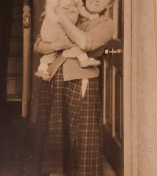 David Laffey's sister Mary at her front door Waterloo Menlough with her grandson | Jack Collins