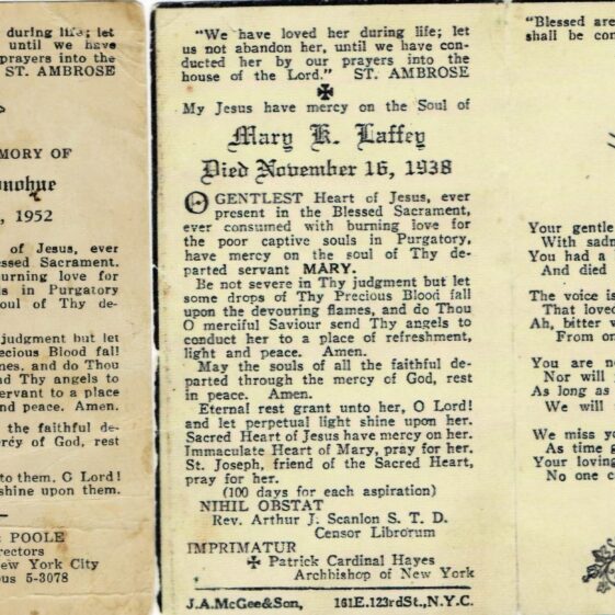 Mary Laffey (nee Killarney) memorial card