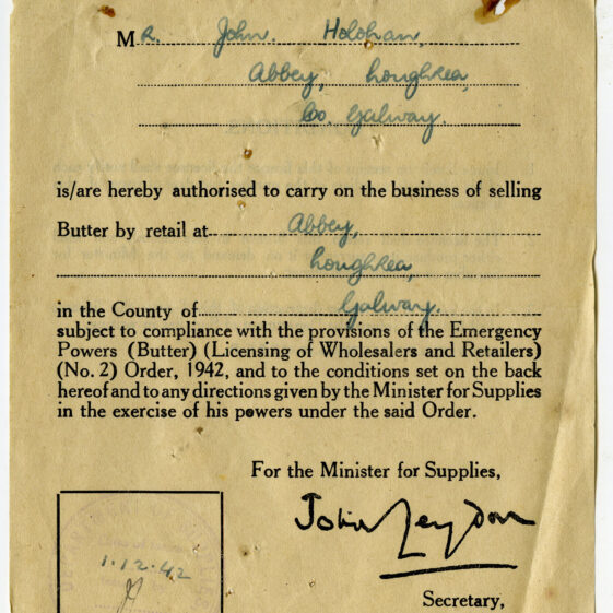 Butter Retailer's Licence issued on 1st December 1941 | John Holohan