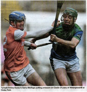 Tynagh/Abbey-Duniry's Garry McHugo putting pressure on Ciarán O'Leary of Watergrasshill at Croke Park | Courtesy: Connacht Tribune