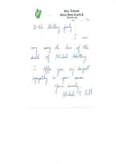 Letter sent to Slattery Family on the occasion of the death of Michael Slattery | Courtesy: Michael Wright